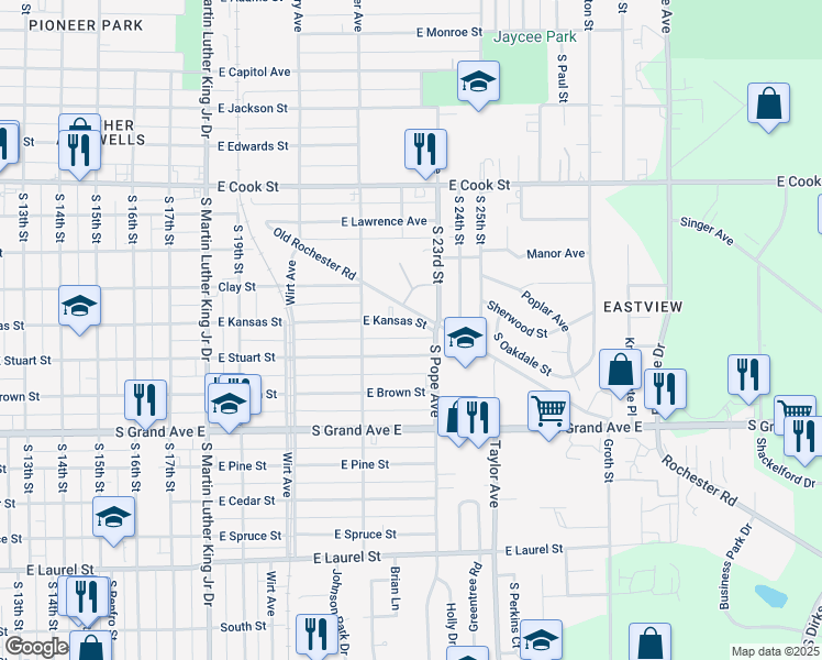 map of restaurants, bars, coffee shops, grocery stores, and more near 2312 East Kansas Street in Springfield
