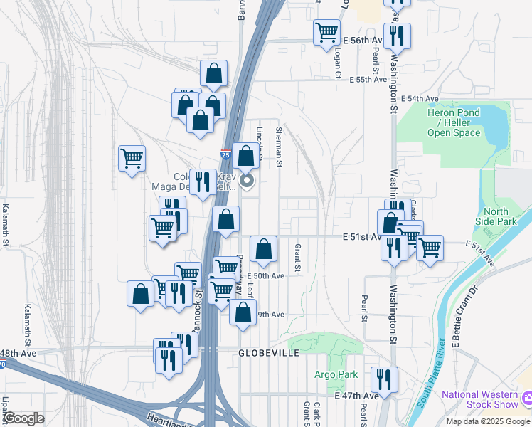map of restaurants, bars, coffee shops, grocery stores, and more near 5100 Lincoln Street in Denver