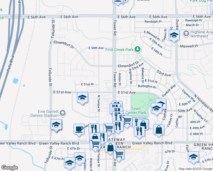 map of restaurants, bars, coffee shops, grocery stores, and more near 18307 East 51st Avenue in Denver