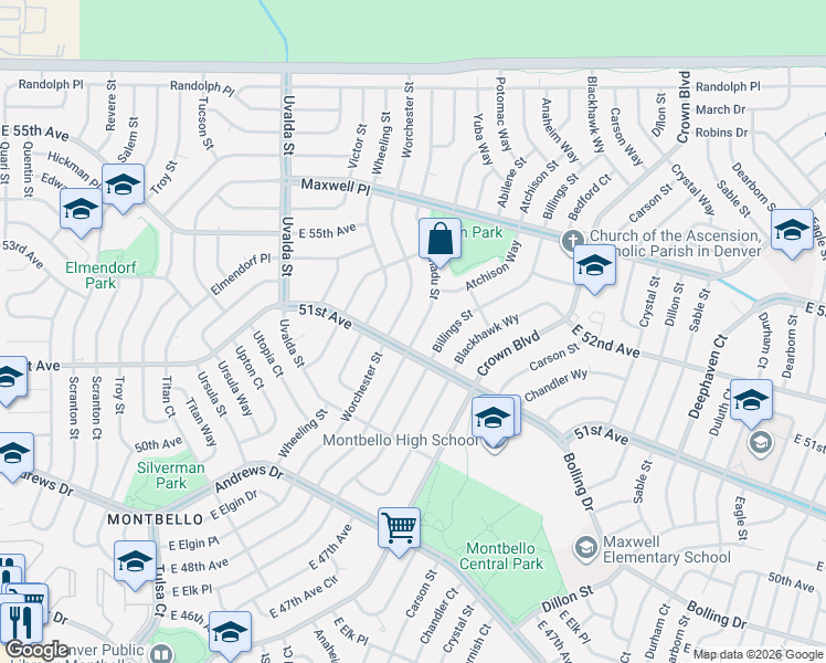 map of restaurants, bars, coffee shops, grocery stores, and more near 5161 Xanadu Street in Denver