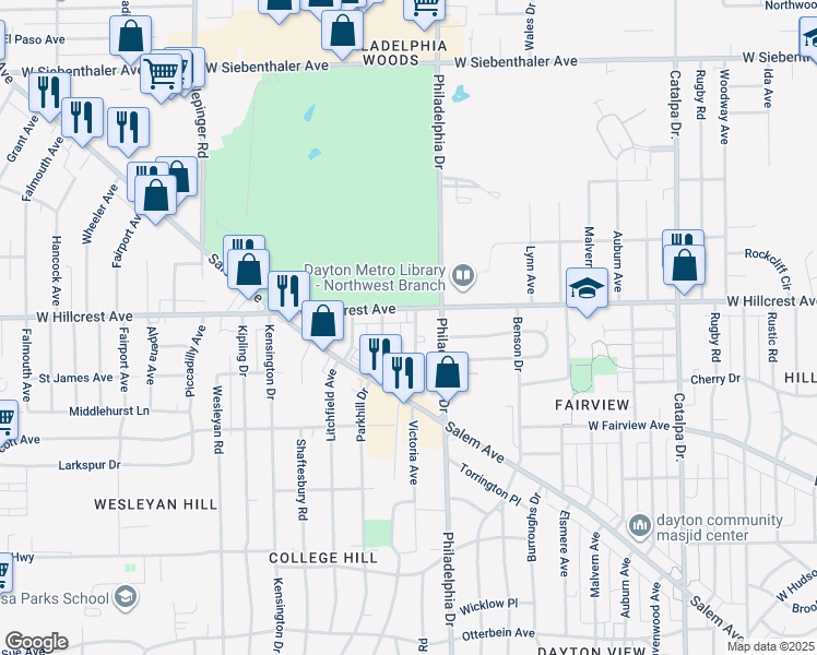 map of restaurants, bars, coffee shops, grocery stores, and more near 2256 Benton Avenue in Dayton