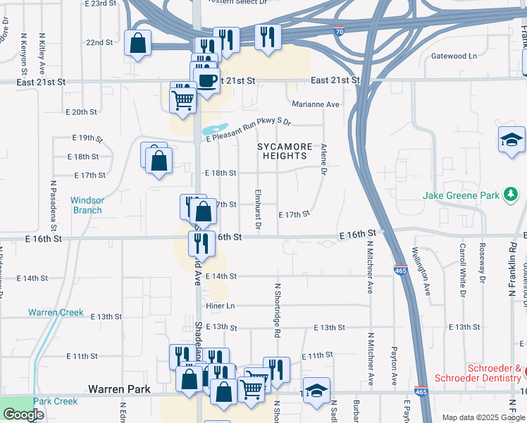 map of restaurants, bars, coffee shops, grocery stores, and more near 1635 Elmhurst Drive in Indianapolis