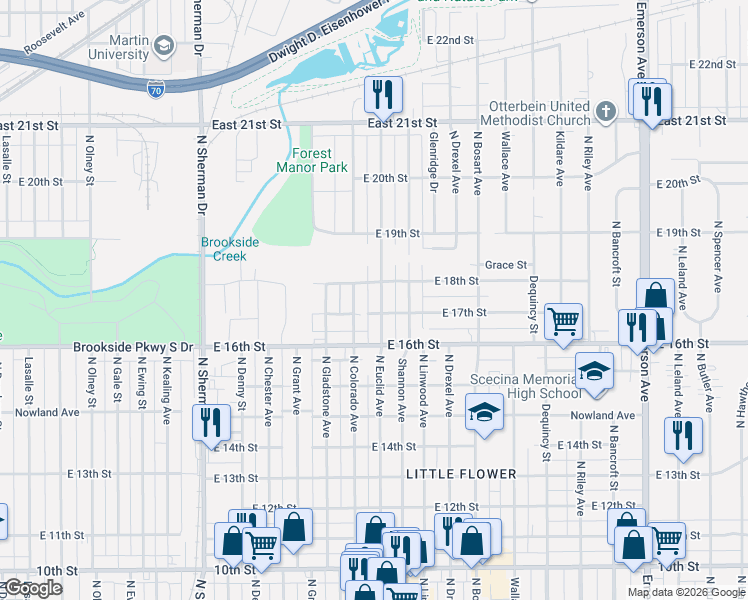 map of restaurants, bars, coffee shops, grocery stores, and more near 1719 North Colorado Avenue in Indianapolis