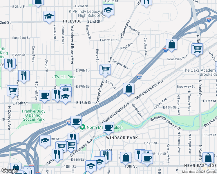 map of restaurants, bars, coffee shops, grocery stores, and more near 1730 Ingram Street in Indianapolis