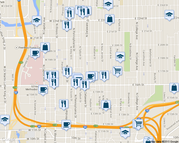 map of restaurants, bars, coffee shops, grocery stores, and more near 1710 North Delaware Street in Indianapolis