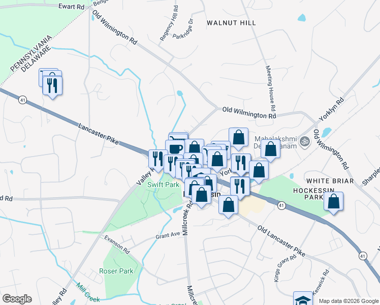 map of restaurants, bars, coffee shops, grocery stores, and more near 1131 Valley Road in Hockessin
