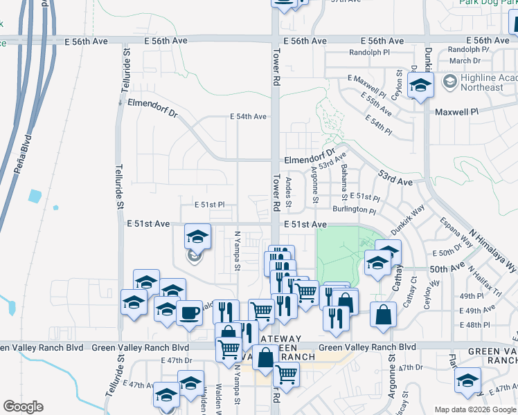 map of restaurants, bars, coffee shops, grocery stores, and more near 18307 East 51st Avenue in Denver