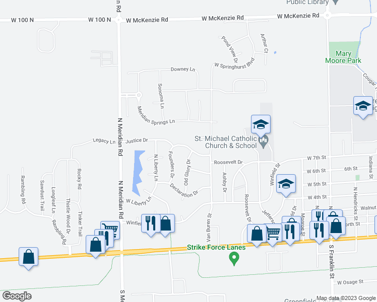 map of restaurants, bars, coffee shops, grocery stores, and more near 498 Old Glory Drive in Greenfield