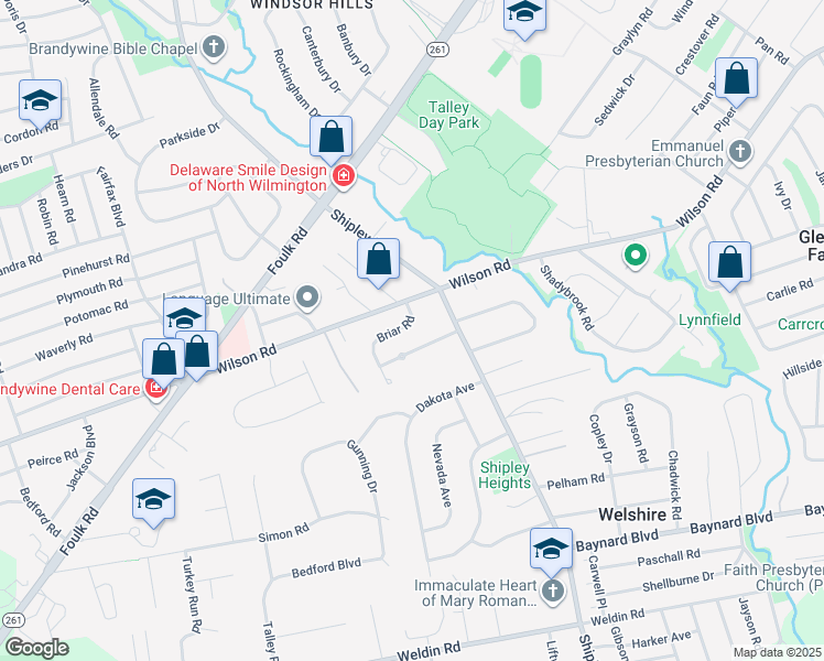 map of restaurants, bars, coffee shops, grocery stores, and more near 7 Briar Road in Wilmington