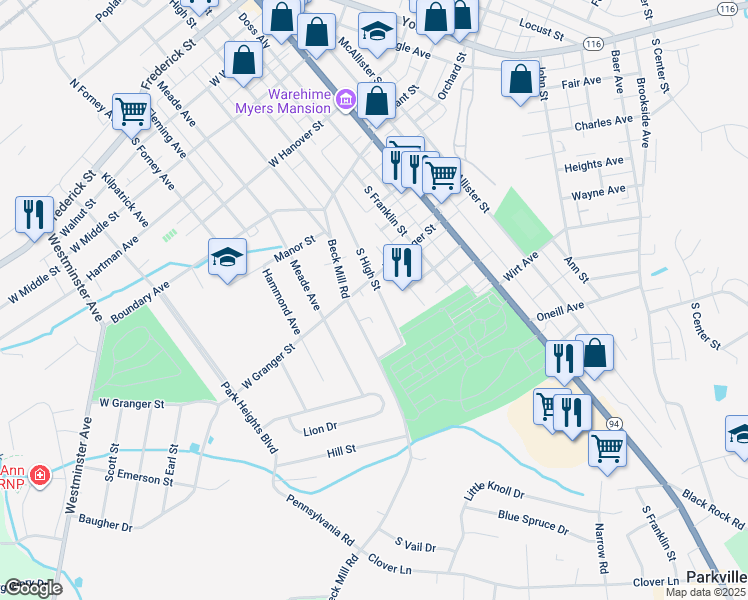 map of restaurants, bars, coffee shops, grocery stores, and more near 511 South High Street in Hanover