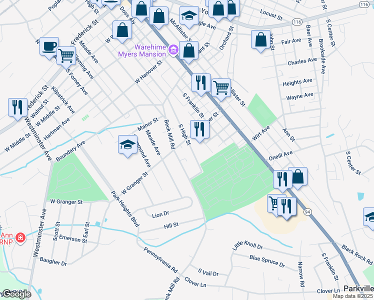 map of restaurants, bars, coffee shops, grocery stores, and more near 511 South High Street in Hanover