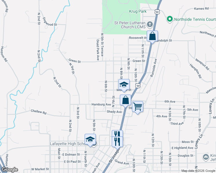 map of restaurants, bars, coffee shops, grocery stores, and more near 2918 North 6th Street in Saint Joseph