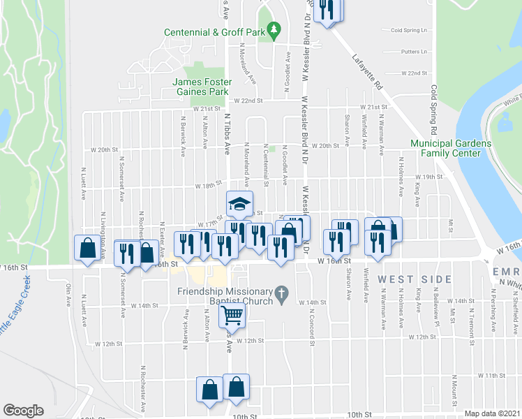 map of restaurants, bars, coffee shops, grocery stores, and more near 3310 West 18th Street in Indianapolis