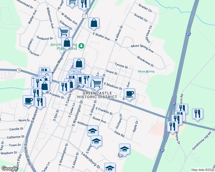 map of restaurants, bars, coffee shops, grocery stores, and more near 229 East Madison Street in Greencastle
