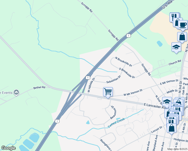 map of restaurants, bars, coffee shops, grocery stores, and more near 119 West Hillside Drive in Oxford