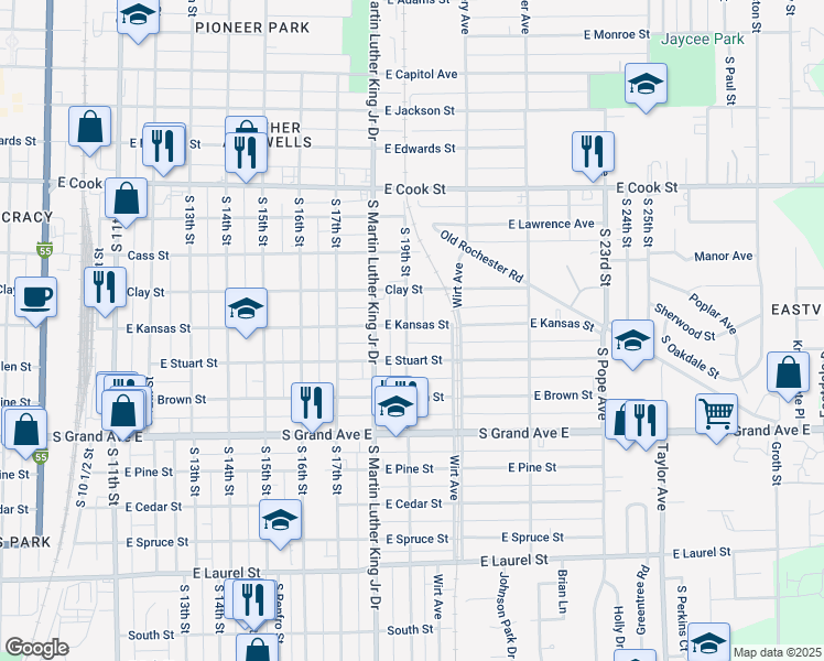 map of restaurants, bars, coffee shops, grocery stores, and more near 1900 East Kansas Street in Springfield