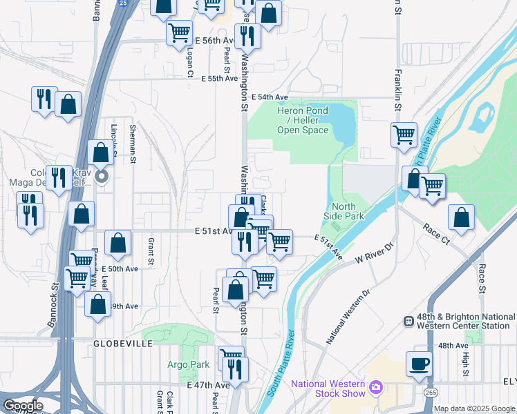 map of restaurants, bars, coffee shops, grocery stores, and more near 5155 Clarkson Street in Denver