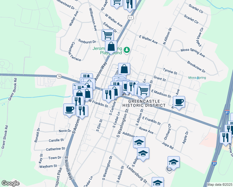 map of restaurants, bars, coffee shops, grocery stores, and more near in Greencastle