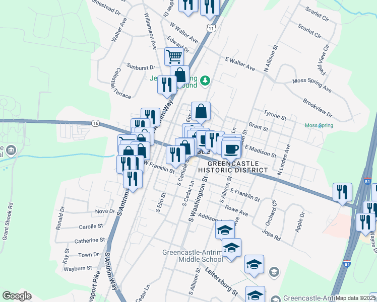 map of restaurants, bars, coffee shops, grocery stores, and more near in Greencastle