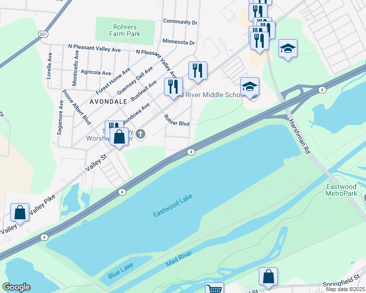 map of restaurants, bars, coffee shops, grocery stores, and more near 45 Hermiston Avenue in Dayton