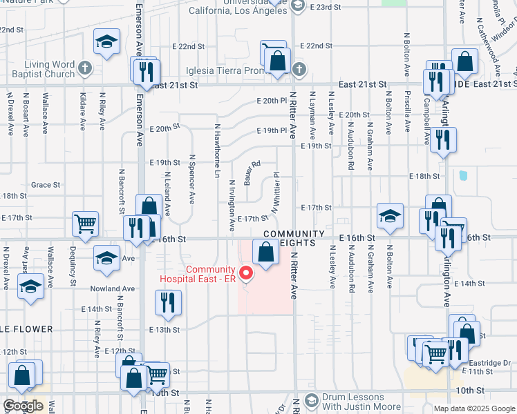 map of restaurants, bars, coffee shops, grocery stores, and more near 5445 East 18th Street in Indianapolis