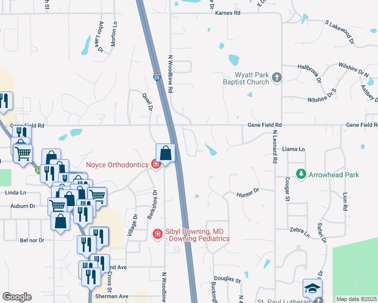 map of restaurants, bars, coffee shops, grocery stores, and more near 2507 West Woodlands in Saint Joseph