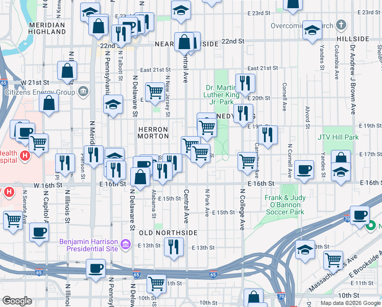 map of restaurants, bars, coffee shops, grocery stores, and more near 502 East 17th Street in Indianapolis