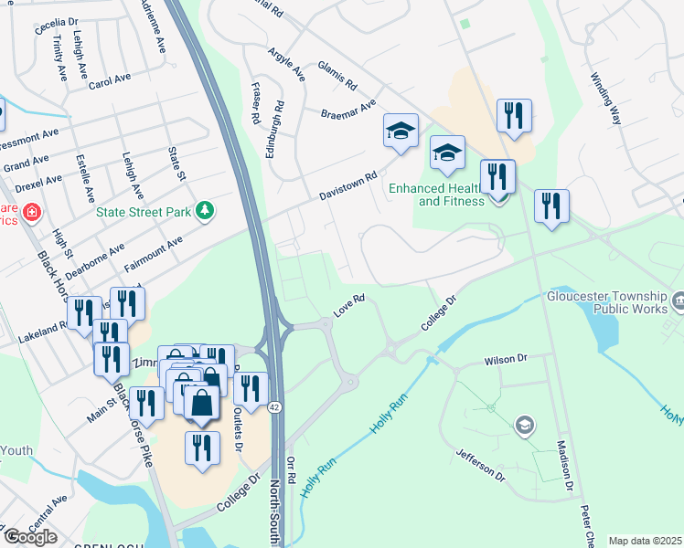 map of restaurants, bars, coffee shops, grocery stores, and more near 64 Evergreen Avenue in Gloucester Township