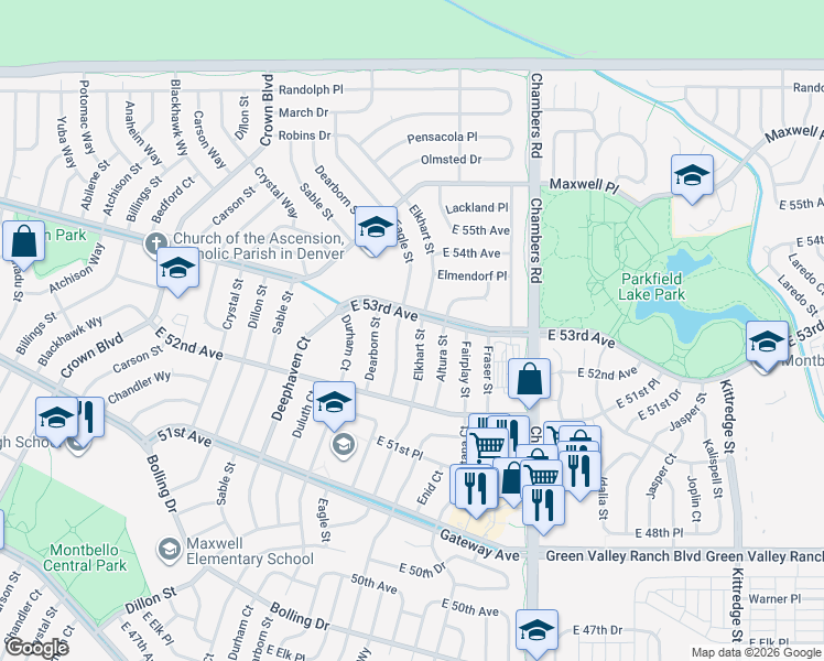 map of restaurants, bars, coffee shops, grocery stores, and more near 5298 Elkhart Street in Denver