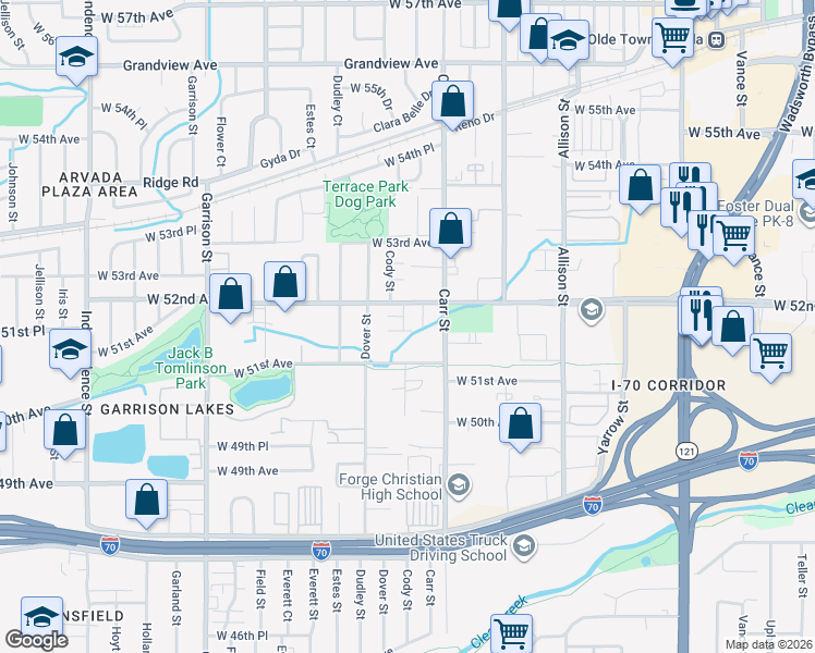map of restaurants, bars, coffee shops, grocery stores, and more near 8520 West 52nd Avenue in Arvada