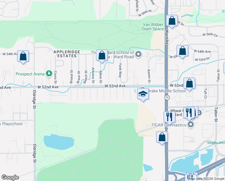 map of restaurants, bars, coffee shops, grocery stores, and more near 5181 Zang Street in Arvada