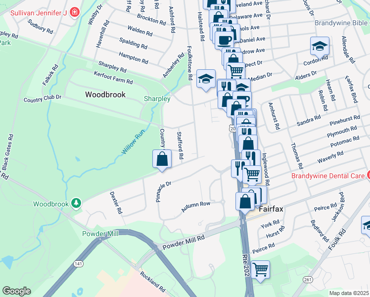 map of restaurants, bars, coffee shops, grocery stores, and more near 405 Foulkstone Road in Wilmington