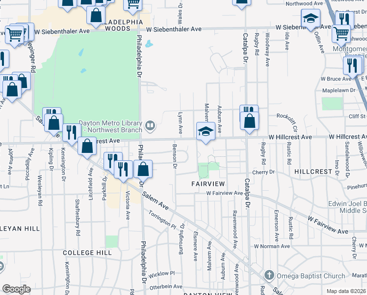 map of restaurants, bars, coffee shops, grocery stores, and more near 2334 Davue Circle in Dayton