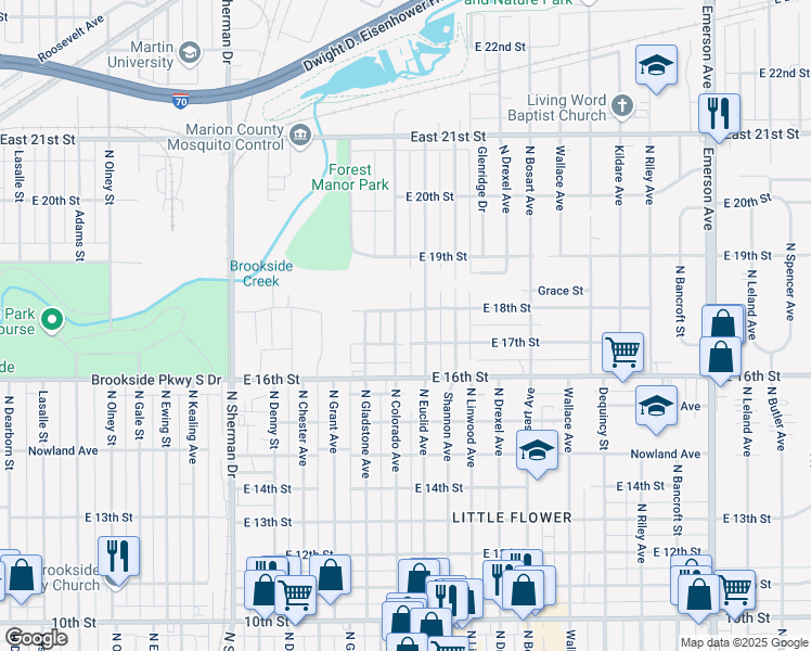 map of restaurants, bars, coffee shops, grocery stores, and more near 1719 North Colorado Avenue in Indianapolis