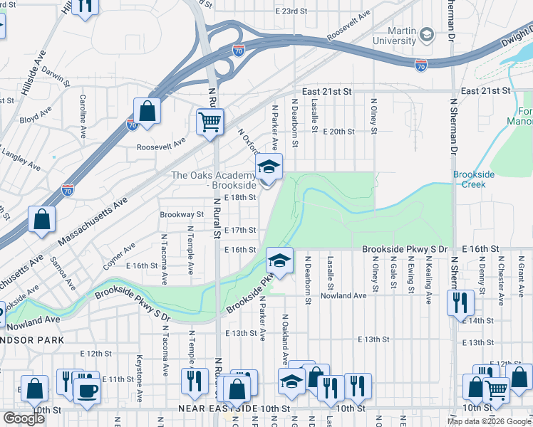 map of restaurants, bars, coffee shops, grocery stores, and more near 3062 Brookside Parkway North Drive in Indianapolis