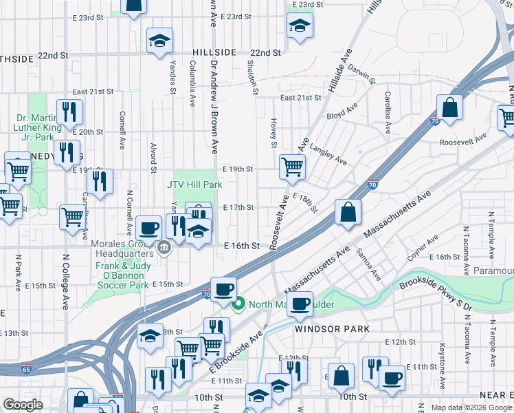 map of restaurants, bars, coffee shops, grocery stores, and more near 1702 Sheldon Street in Indianapolis