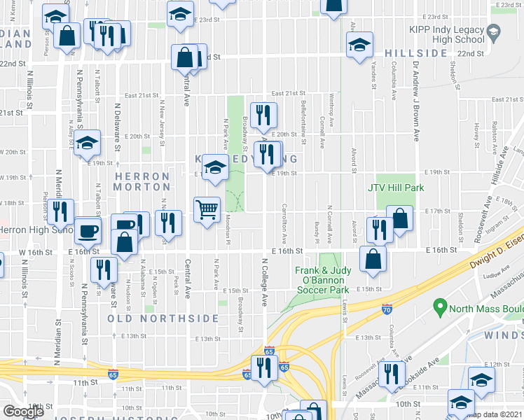 map of restaurants, bars, coffee shops, grocery stores, and more near 1704 North College Avenue in Indianapolis