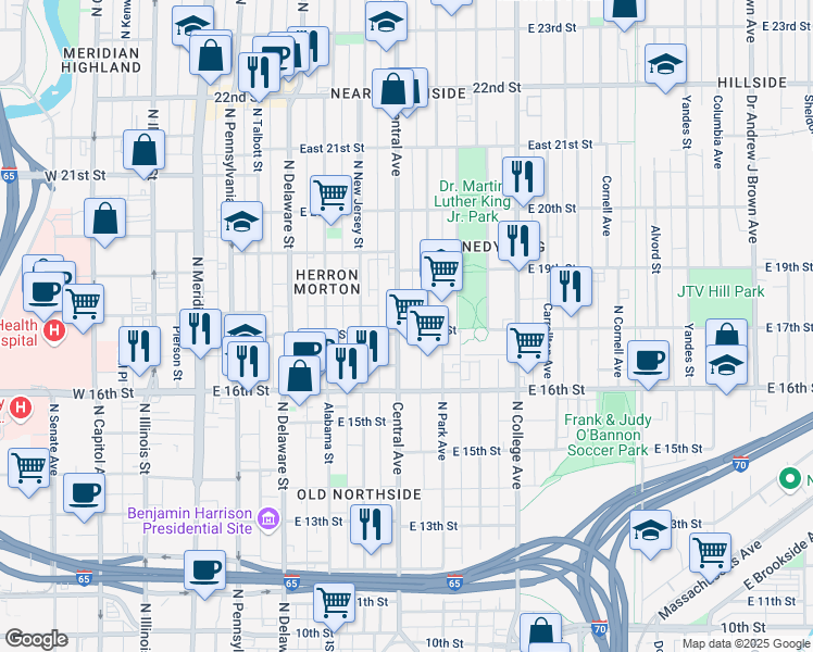 map of restaurants, bars, coffee shops, grocery stores, and more near 1703 Central Avenue in Indianapolis