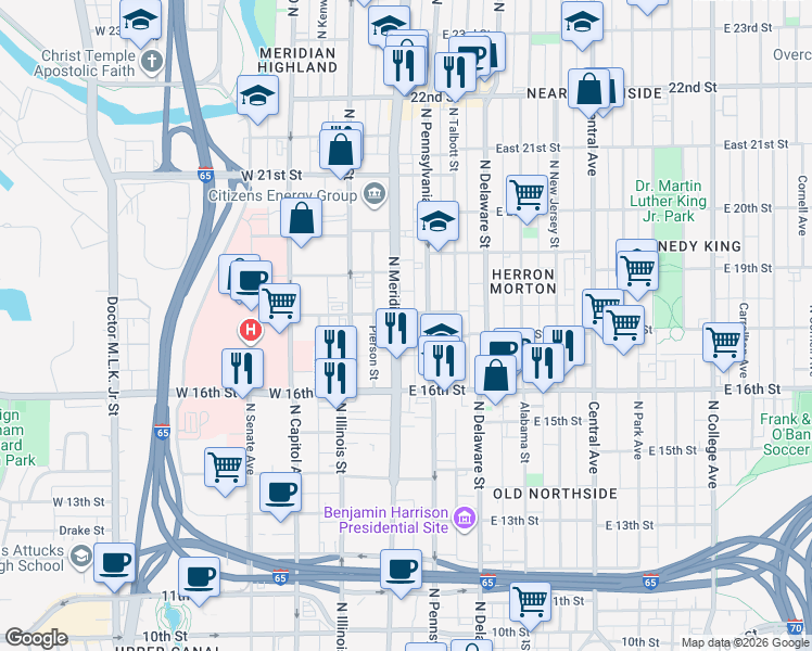 map of restaurants, bars, coffee shops, grocery stores, and more near 1751 North Meridian Street in Indianapolis