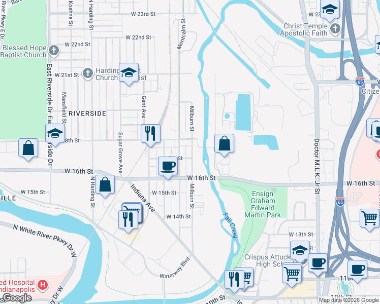 map of restaurants, bars, coffee shops, grocery stores, and more near 1718 Milburn Street in Indianapolis