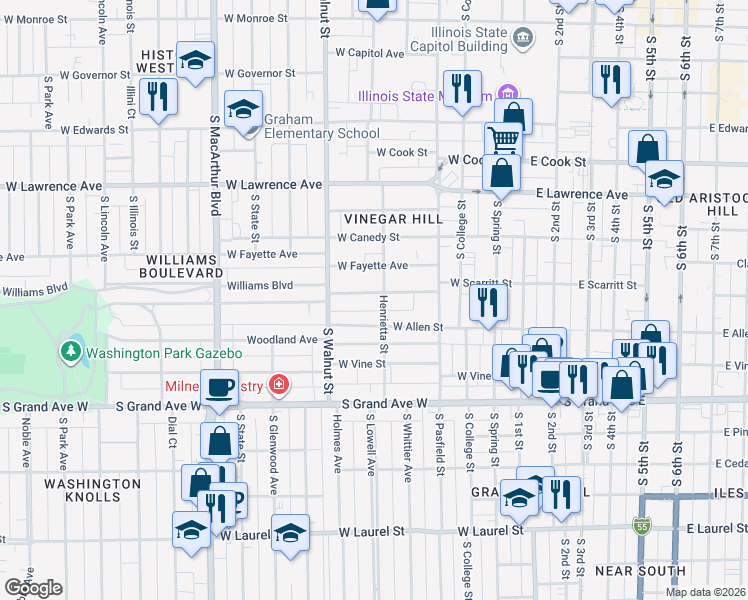 map of restaurants, bars, coffee shops, grocery stores, and more near 500 Williams Street in Springfield