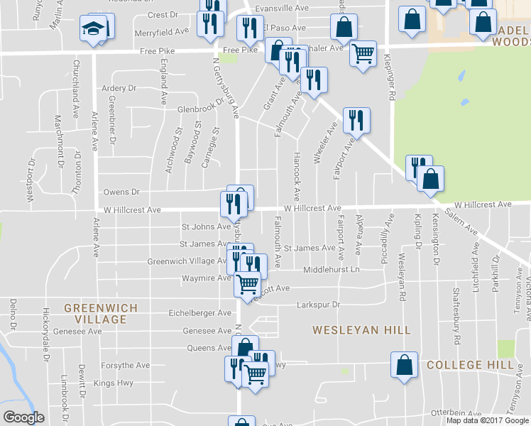 map of restaurants, bars, coffee shops, grocery stores, and more near 2246 Grant Avenue in Dayton