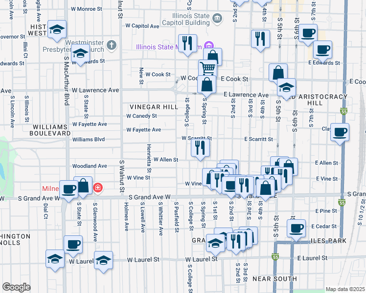 map of restaurants, bars, coffee shops, grocery stores, and more near 1019 South College Street in Springfield