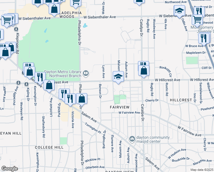 map of restaurants, bars, coffee shops, grocery stores, and more near 2334 Davue Circle in Dayton