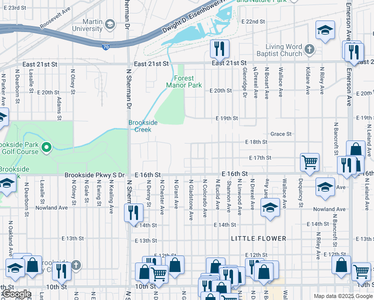 map of restaurants, bars, coffee shops, grocery stores, and more near 1722 North Gladstone Avenue in Indianapolis