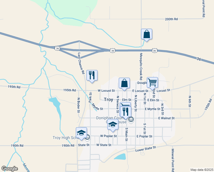 map of restaurants, bars, coffee shops, grocery stores, and more near 401 North Centre Street in Troy