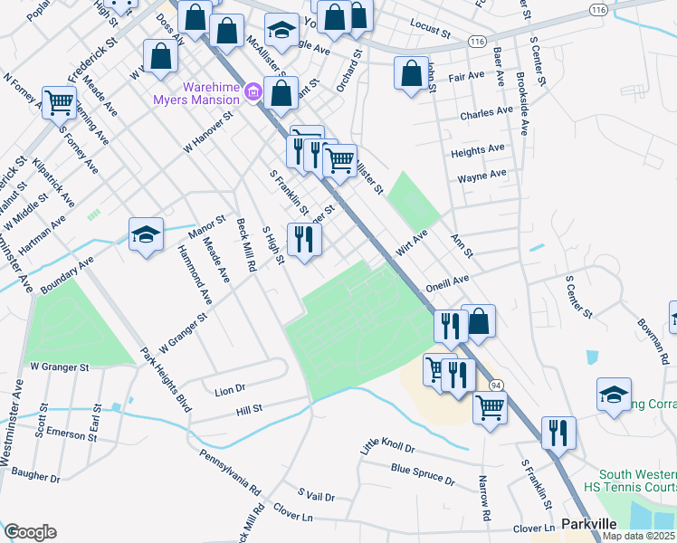 map of restaurants, bars, coffee shops, grocery stores, and more near 593 South Franklin Street in Hanover