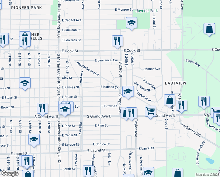 map of restaurants, bars, coffee shops, grocery stores, and more near 2312 East Kansas Street in Springfield