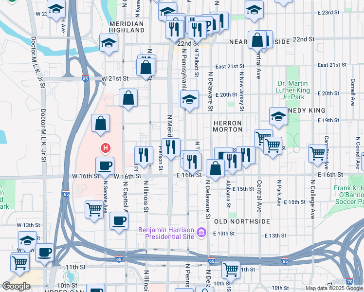 map of restaurants, bars, coffee shops, grocery stores, and more near 1734 North Pennsylvania Street in Indianapolis