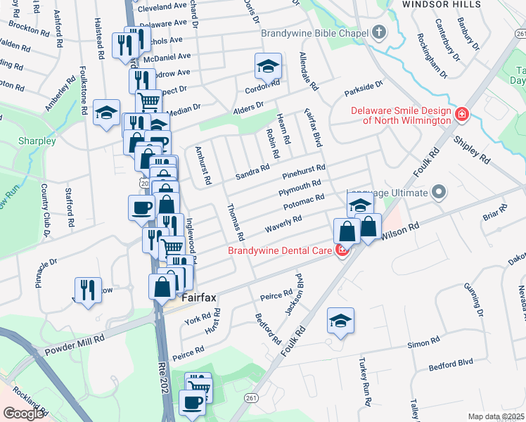 map of restaurants, bars, coffee shops, grocery stores, and more near 215 Potomac Road in Wilmington